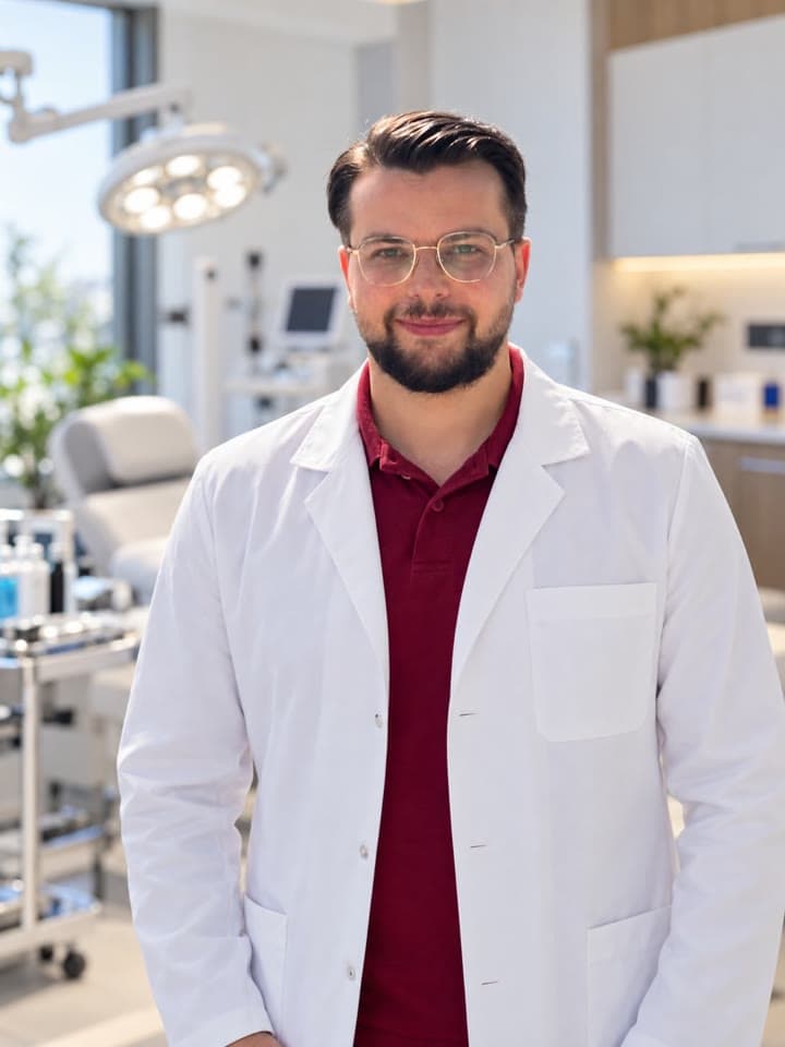 Beyaz önlüklü Dr. Mehmet Çiğdem'in portresi